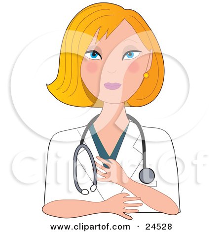 Clipart Illustration of a Blond Caucasian Nurse, Doctor Or Veterinarian Woman Wearing A Stehoscope And Facing Front While Listening To A Patient by Maria Bell