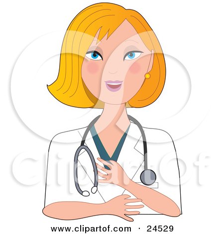 Clipart Illustration of a Blond Caucasian Nurse, Doctor Or Veterinarian Woman Wearing A Stehoscope And Touching Her Chest While Smiling by Maria Bell