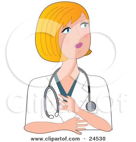 Clipart Illustration of a Pretty Blond Caucasian Nurse, Doctor Or Veterinarian Woman Wearing A Stehoscop, Looking Off To The Right While In Thought by Maria Bell