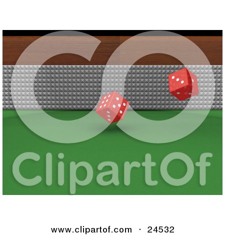 Clipart Illustration of Rolling Red Dice Suspended In Mid Air, Above A Green Casino Table by KJ Pargeter