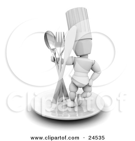 Clipart Illustration of a White Character In A Chef's Hat, Standing On A Plate With A Spoon, Fork And Butter Knife by KJ Pargeter