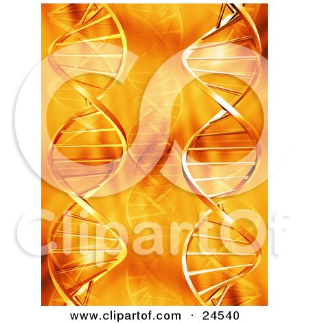 Clipart Illustration of a Faded And Bold Double Helix DNA Strands Over An Orange Background by KJ Pargeter
