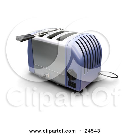 Clipart Illustration of a Blue And Silver Three Slot Toaster On A Kitchen Counter by KJ Pargeter