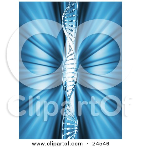Clipart Illustration of a Single DNA Double Helix Strand Over A Blue Background With Light Rays by KJ Pargeter