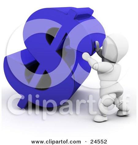 Clipart Illustration of a White Character Pushing Up A Large Blue Sterling Symbol by KJ Pargeter