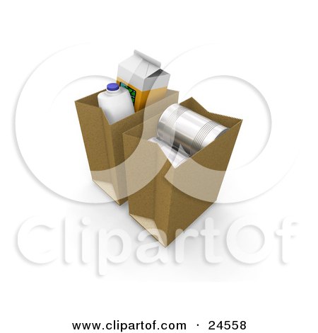 Clipart Illustration of a Gallon Of Milk, Carton Of Orange Juice And Tin Cans In Paper Shopping Bags by KJ Pargeter