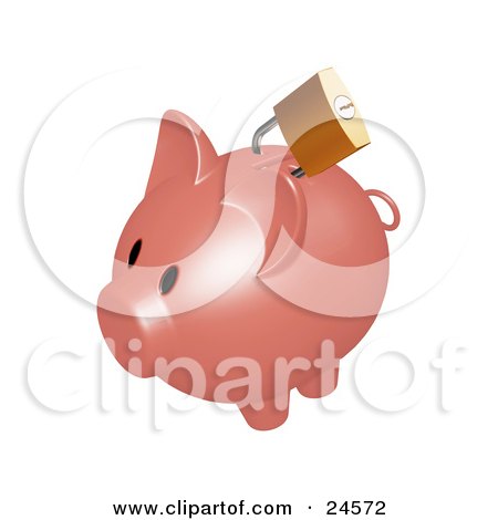 Clipart Illustration of a Gold Lock On The Slot Of A Dark Pink Piggy Bank by KJ Pargeter