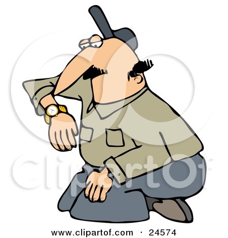 Clipart Illustration of a White Man In A Green Shirt And Gray Slacks, Kneeling And Checking His Watch For The Time by djart