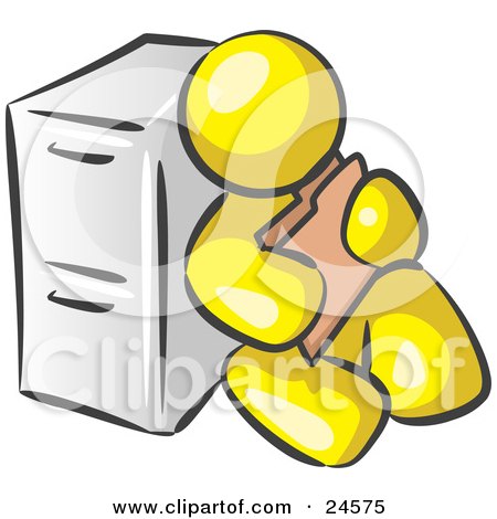 Clipart Illustration of a Yellow Man Sitting By A Filing Cabinet And Holding A Folder by Leo Blanchette