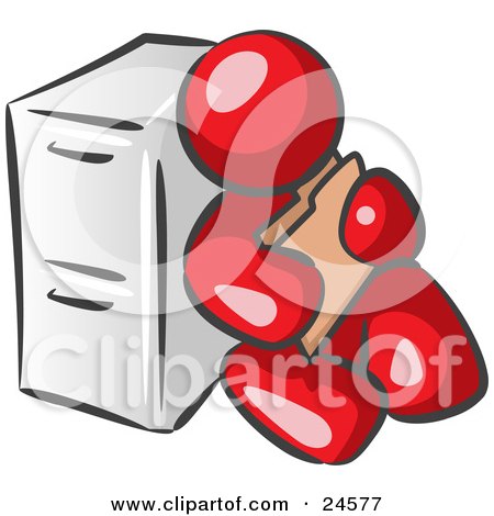 Clipart Illustration of a Red Man Sitting By A Filing Cabinet And Holding A Folder by Leo Blanchette
