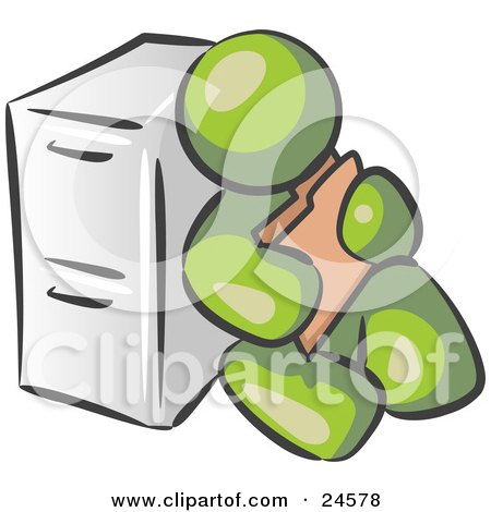 Clipart Illustration of an Olive Green Man Sitting By A Filing Cabinet And Holding A Folder by Leo Blanchette