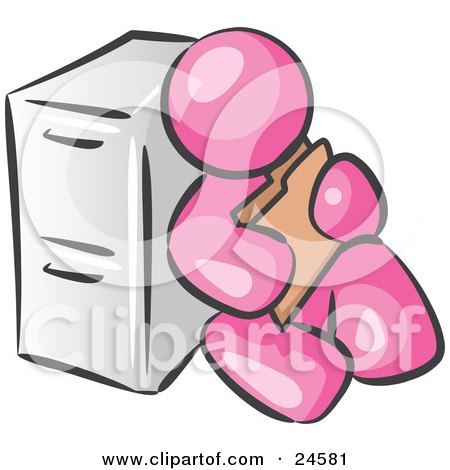Clipart Illustration of a Pink Man Sitting By A Filing Cabinet And Holding A Folder by Leo Blanchette