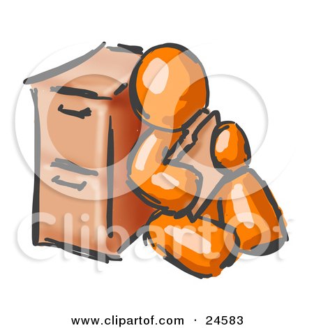 Clipart Illustration of a Painted Orange Man Sitting By A Filing Cabinet And Holding A Folder by Leo Blanchette