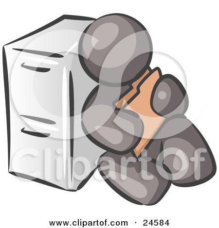 Clipart Illustration of a Gray Man Sitting By A Filing Cabinet And Holding A Folder by Leo Blanchette