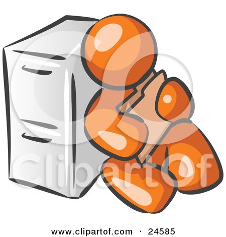 Clipart Illustration of an Orange Man Sitting By A Filing Cabinet And Holding A Folder by Leo Blanchette