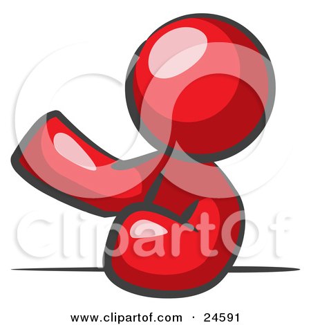 Clipart Illustration of a Red Man Leaning An Elbow On A Table And Gesturing With One Hand During A Meeting by Leo Blanchette