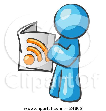 Clipart Illustration of a Light Blue Man Standing And Reading An RSS Magazine by Leo Blanchette