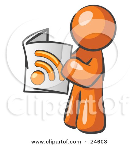 Clipart Illustration of an Orange Man Standing And Reading An RSS Magazine by Leo Blanchette