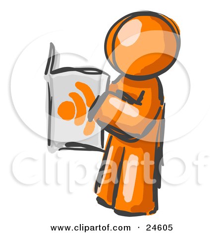 Clipart Illustration of a Painted Orange Man Standing And Reading An RSS Magazine by Leo Blanchette
