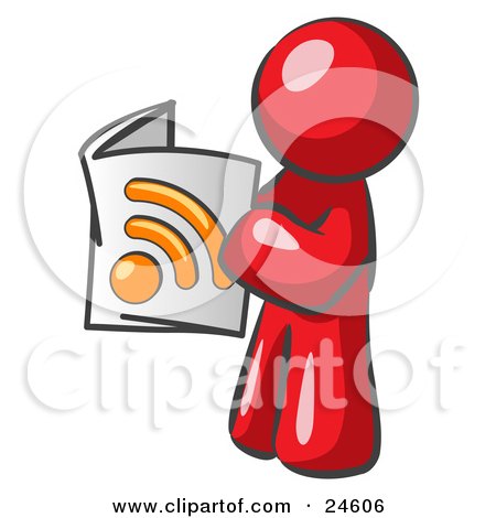 Clipart Illustration of a Red Man Standing And Reading An RSS Magazine by Leo Blanchette
