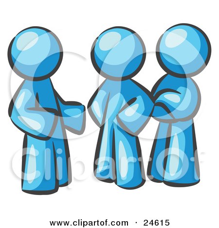 Clipart Illustration of a Group Of Three Light Blue Men Talking At The Office by Leo Blanchette