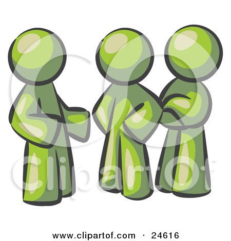 Clipart Illustration of a Group Of Three Olive Green Men Talking At The Office by Leo Blanchette