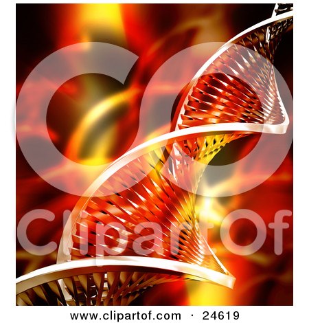 Clipart Illustration of a Twisting Double Helix Strand Of DNA Over A Yellow And Red Background by KJ Pargeter