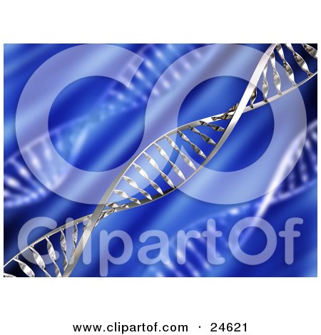 Clipart Illustration of a Diagonal Chrome Double Helix DNA Strand Over A Blue Background With Blurred Strands by KJ Pargeter