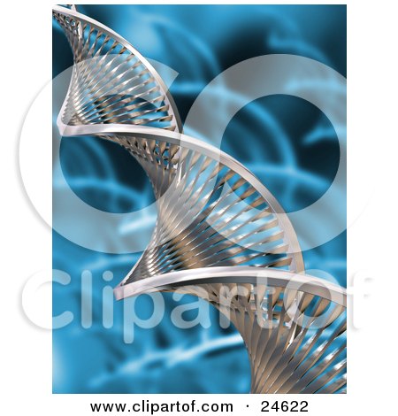Clipart Illustration of a Twisting Silver DNA Double Helix Strand Over A Blue Background With Blurred Helixes by KJ Pargeter