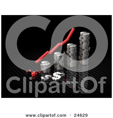 Clipart Illustration of a Red Decrease Arrow Above A Bar Graph Made Of Chrome Dolalr Signs, Crashing At The Bottom, Over Black by KJ Pargeter