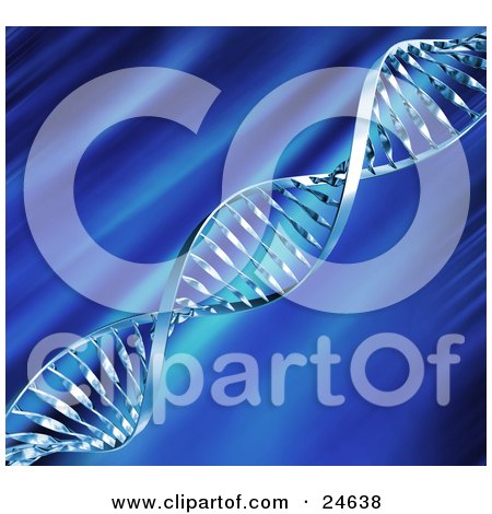 Clipart Illustration of a Silver DNA Double Helix Strand Spanning Diagonally Over A Blurred Blue Background by KJ Pargeter