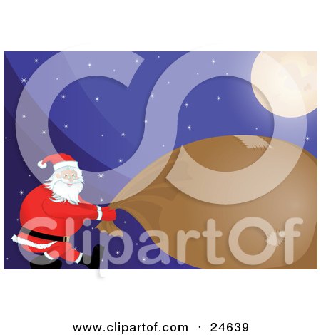 Clipart Illustration of Santa Using All Of His Strength To Pull Along His Heavy Brown And Patched Up Toy Sack Under A Bright Moon On A Snowy Christmas Eve Night by Paulo Resende
