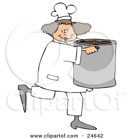 Culinary Clipart Illustration of a Happy Female Chef In A White Uniform And Hat, Prancing Across The Kitchen With A Large Pot Of Beans by djart