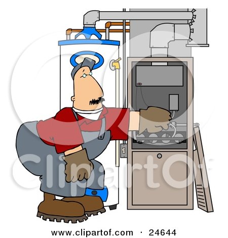 Clipart Illustration of a Worker Man Bending Over And Repairing Wires In An Hvac System by djart