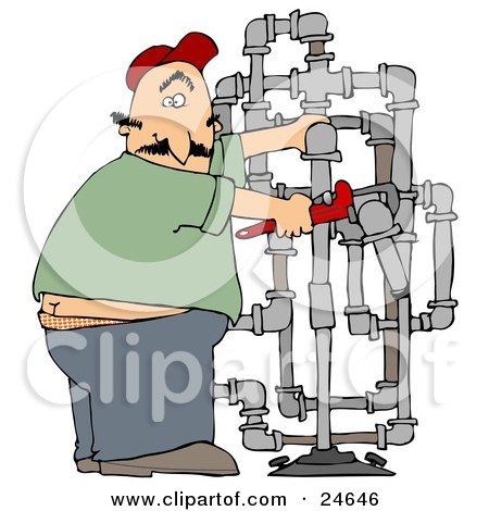 Clipart Illustration of a Surprised Male Plumber Turning With A Shocked Expression, Caught With His But Crack Showing While Fitting Pipes by djart