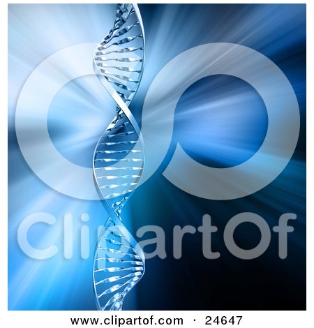 Clipart Illustration of a Single Silver Dna Double Helix Strand Twisting Over A Blue Background With Light Rays by KJ Pargeter