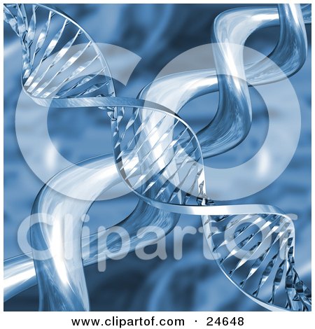 Clipart Illustration of a Twisting Chrome Double Helix DNA Strand Over Liquid Twisting Tubes And A Blue Background by KJ Pargeter