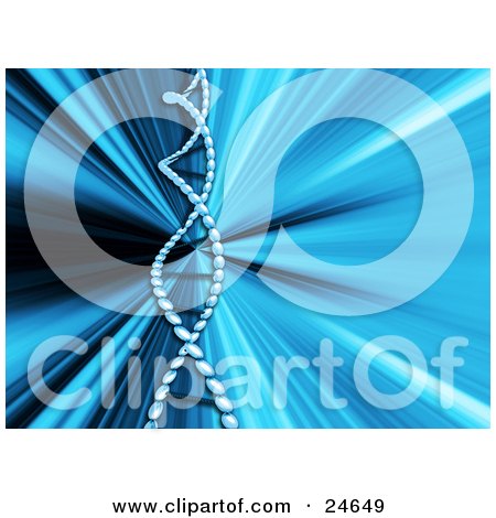Clipart Illustration of a Blue Dotted Double Helix DNA Strand Over A Bursting Blue And Black Background. by KJ Pargeter