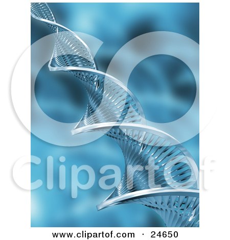 Clipart Illustration of a Twisting Chrome Double Helix Dna Strand Over A Rippled Blue Background by KJ Pargeter