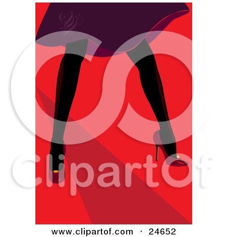 Clipart Illustration of a Lady's Legs In Black Stockings, Red Heels And A Purple Dress, Walking Down A Runway Or Dancing by Eugene