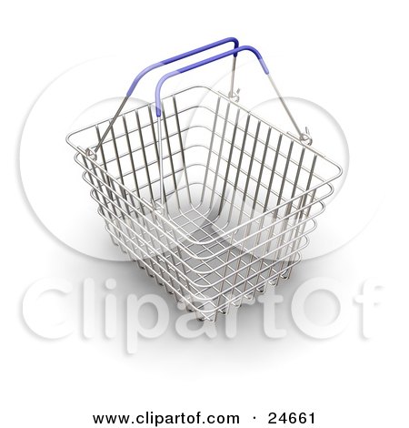 Clipart Illustration of an Empty Wire Shopping Basket With Blue Handles, Over A White Surface by KJ Pargeter