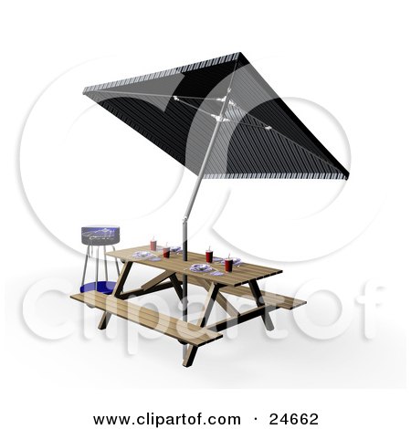 Clipart Illustration of a Blue BBQ Grill By A Picnic Table, Set With Eating Utensils, Cups And Plates, Under An Umbrella by KJ Pargeter