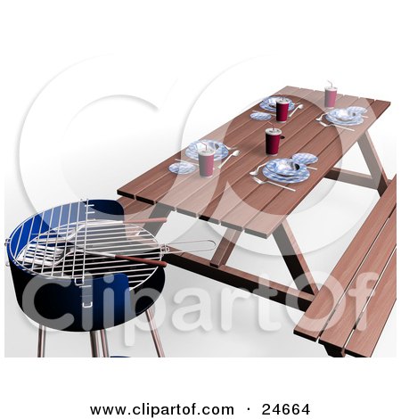 Clipart Illustration of Cooking Utensils Top Of A Blue BBQ Grill By A Picnic Table Set With Plates And Cups by KJ Pargeter
