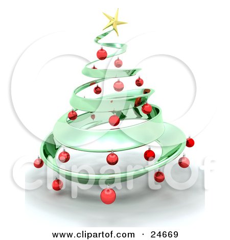 Clipart Illustration of a Metallic Green Metal Christmas Tree Decorated In Red Ornaments And A Golden Star, Over White by KJ Pargeter