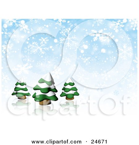 Clipart Illustration of Three Evergreen Trees Flocked In Snow, Over A Reflective White Surface And A Blue And White Snowflake Background by KJ Pargeter