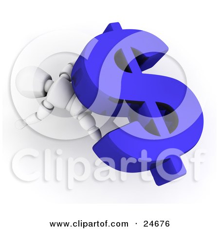 Clipart Illustration of a White Character Lying Squished Under A Large Blue Dollar Sign Symbol by KJ Pargeter