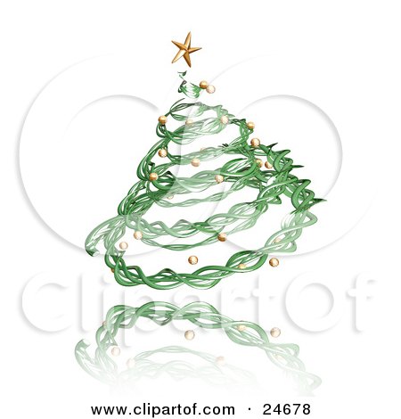 Clipart Illustration of a Green Spiral Twine Christmas Tree With A Golden Star And Ornaments, Over A Reflective White Surface by KJ Pargeter