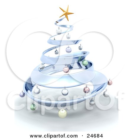 Clipart Illustration of a Metallic Blue Metal Christmas Tree Decorated In Colorful Ornaments And A Golden Star, Over White by KJ Pargeter