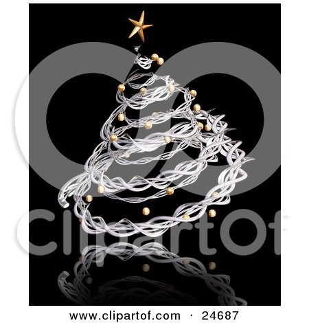 Clipart Illustration of a Silver Spiral Twine Christmas Tree With A Golden Star And Ornaments, Over A Reflective Black Surface by KJ Pargeter