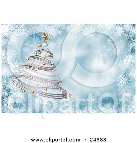Clipart Illustration of a Silver Spiral Christmas Tree With Gold Ornaments And A Star Over A Blue And White Snowflake Background by KJ Pargeter